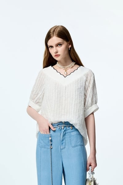 V-neck With Scallop Trim Chiffon Top