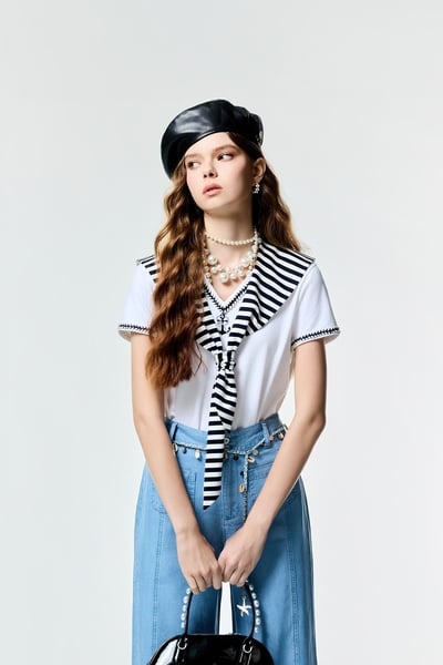 Navy Stripe Collar Short Sleeve Top