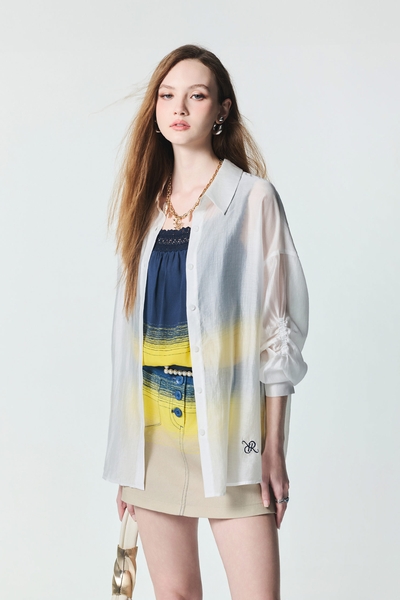 Shirring Sleeve Button Front Blouse