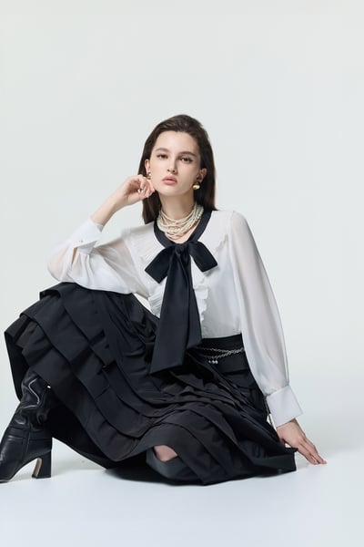 Pleated Ruffle Detail Blouse With Contrast Bow Detail