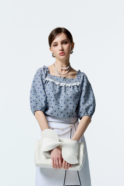 Dotted Embroidery Detail Plaid Top