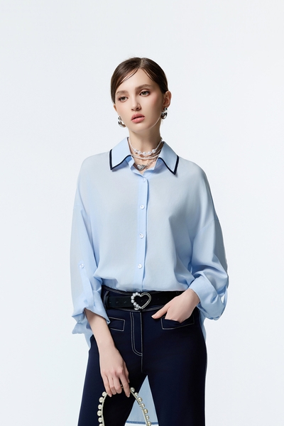 Light Blue Loose Fit Blouse With Contrast Navy Trim Detail