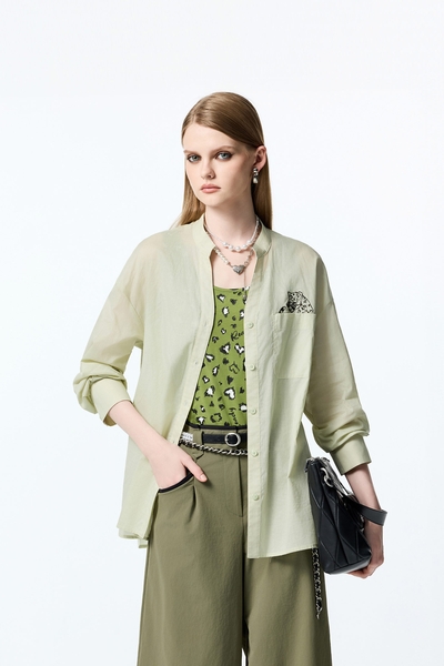 Embroidered Leopard Graphic Green Blouse