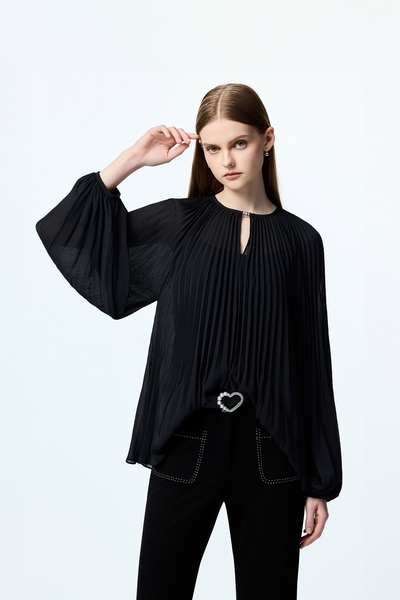 Black Pleated Detail Chiffon Blouse
