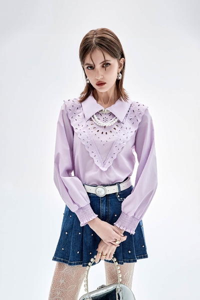 Hollow Out Detail Purple Blouse