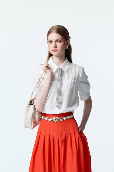 Pearl Neck Tie Detail Short Sleeve Top