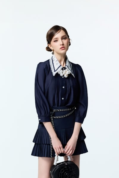 Navy Blouse With Contrast Lace Collar Detail