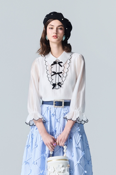 Navy Bow Detail Collar Top