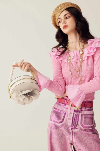 Double Layer Flounce Collar Pink Top