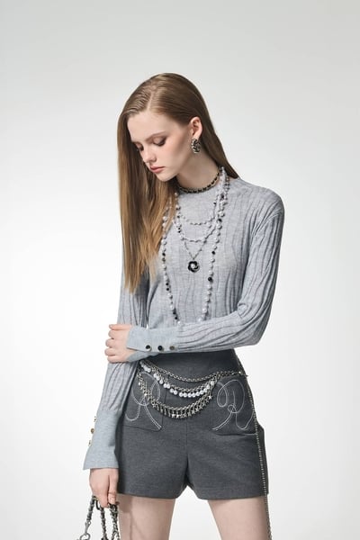 Grey Long Sleeve Fitted Knit Top