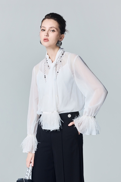 Fringe Detail Scarf Collar Chiffon Blouse
