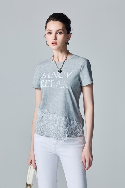 White Lace Detail Short Sleeve Tee