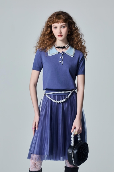 Contrast Collar Polo Knit Top