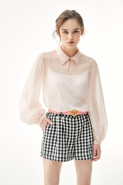 Pink Chiffon Top With Cut Out Lace Collar
