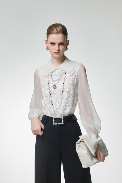 Sequin Pearl Detail Lace Blouse