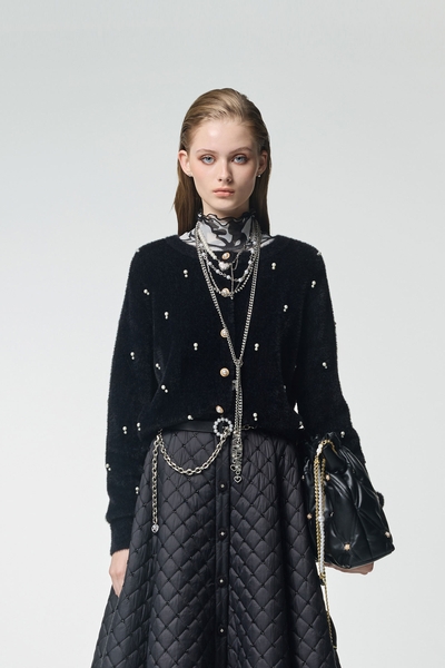 Pearl Applique Faux Fur Black Top