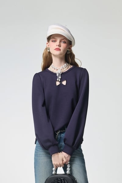 Hollow Out Bow Detail Navy Top