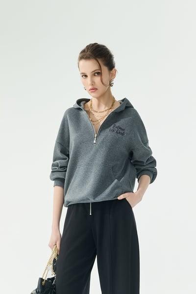 Grey Hoodie Long Sleeve Top