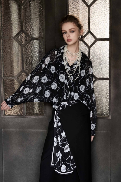 Rose Print Pleated Chiffon Blouse