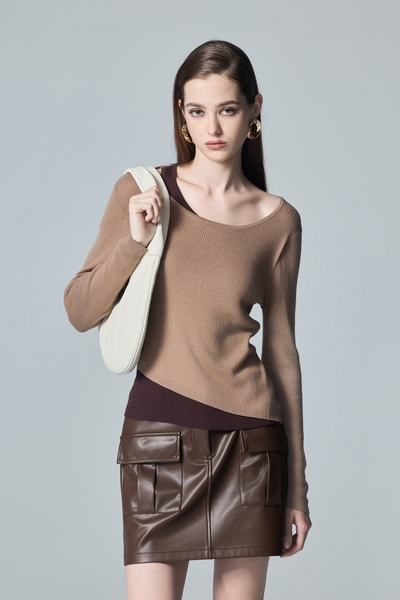 Fake Two Piece Coco Brown Knit Top