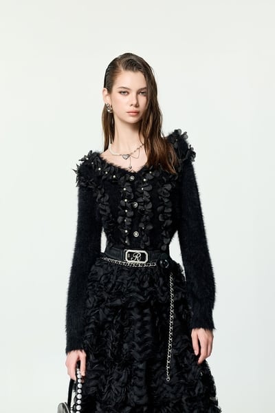 3-D Floral Detail Faux Fur Knit Top