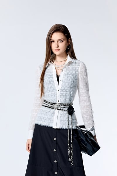 Floral Detail Long Sleeve Mesh Blouse