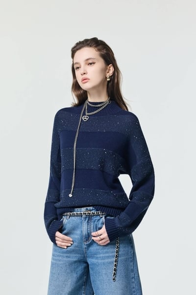 Blue Navy Stripe Sequin Detail Knit Top