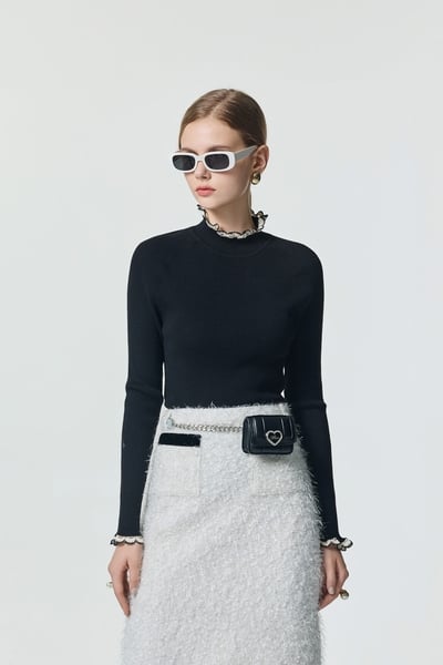 Ruffle Trim Detail Long Sleeve Knit Top