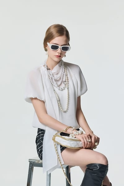 Full Pleated Top With Collar Bow Detail