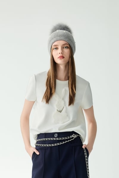 White Bunny Motif Short Sleeve Tee