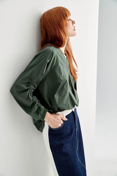 Oversize Pleated Top With Shirring Sleeve Detail