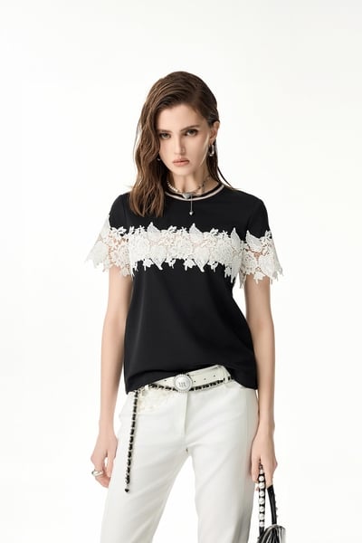 Contrast White Lace Detail Tee