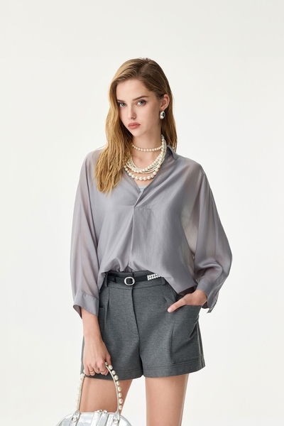 Grey Oversize Long Sleeve Blouse