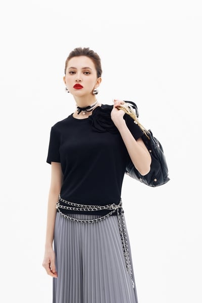 3-D Floral Brooch Short Sleeve Tee