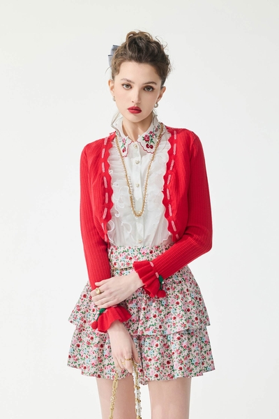 Scallop Trim Chili Red Knit Cardigan