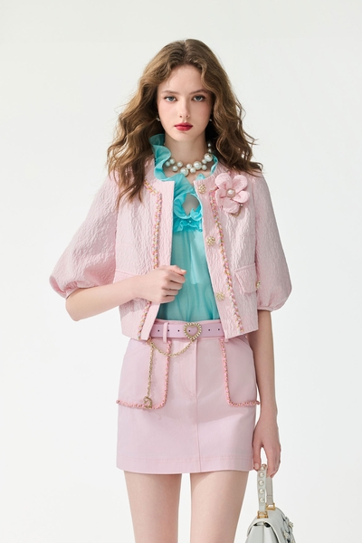 Textured Pink Floral Brooch Crop Jacket