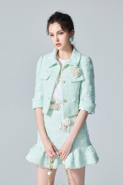 Floral Detail Light Green Tweed Jacket