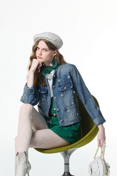 Pearl Floral Detail Denim Jacket