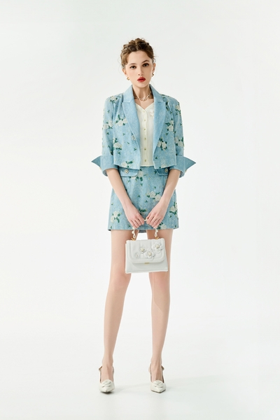 Beaded Floral Detail Denim Skirt