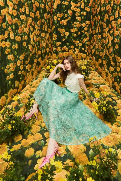 Checkerd Mesh Floral Maxi Skirt