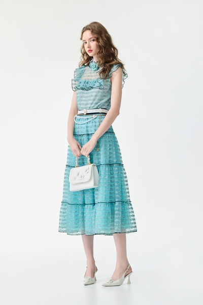 Ice Blue Floral Lace Detail Mesh Skirt