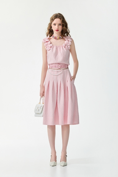 Textured Pink Bow Detail Midi Skirt