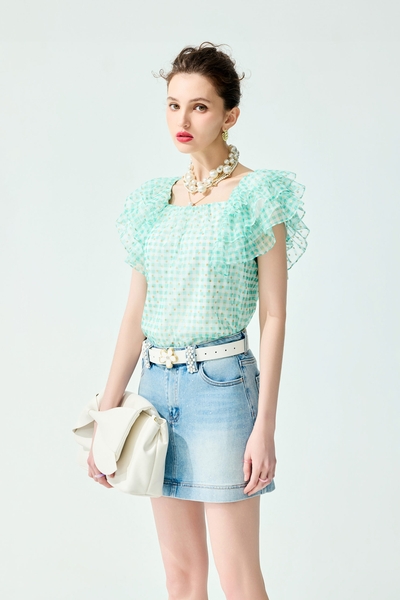 Sequin Denim Short Skirt With Lace Sash