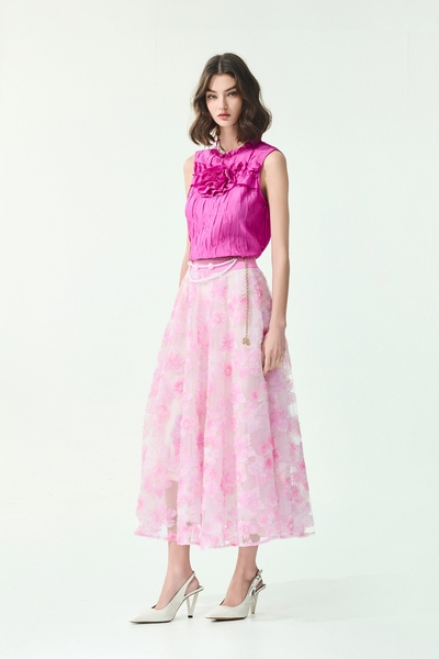 3-D Floral Pearl Detail Mesh Skirt
