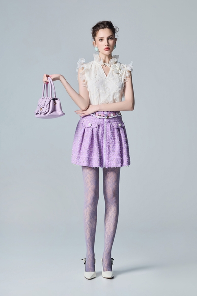 Pearl Detail Purple Tweed Skirt