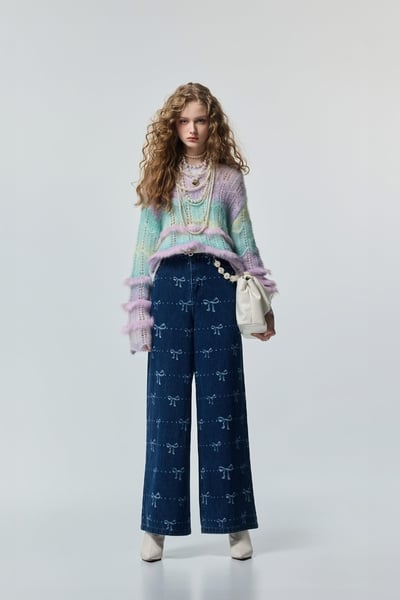 Bow Motif Wide Leg Jeans