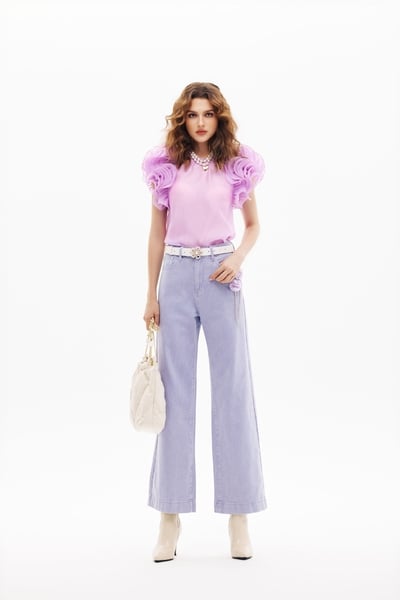 Floral Detail Wide Leg Purple Jeans