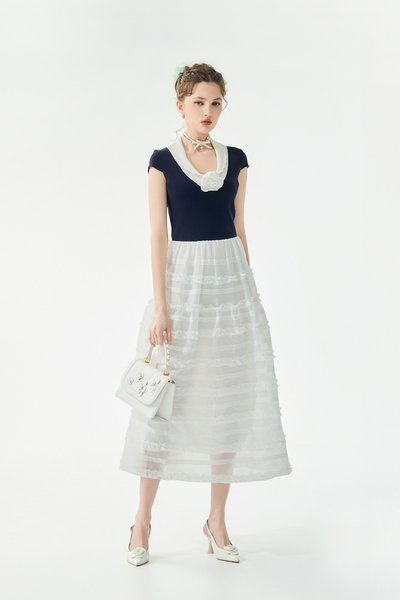 Navy Knit Dress With Ruffle Detail Tiered Skirt