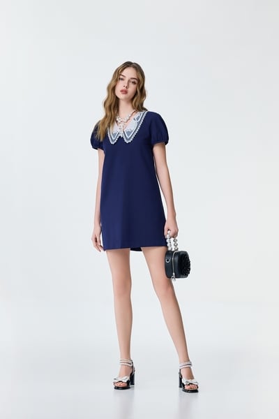 Embroidery Organza Collar Detail Navy Short Dress