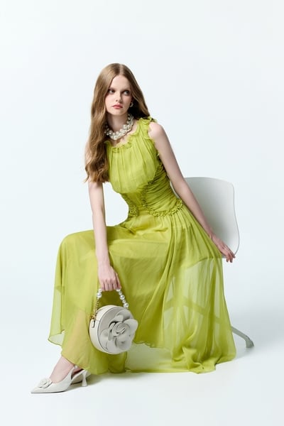 Pleated Detail Sleeveless Chiffon Maxi Dress